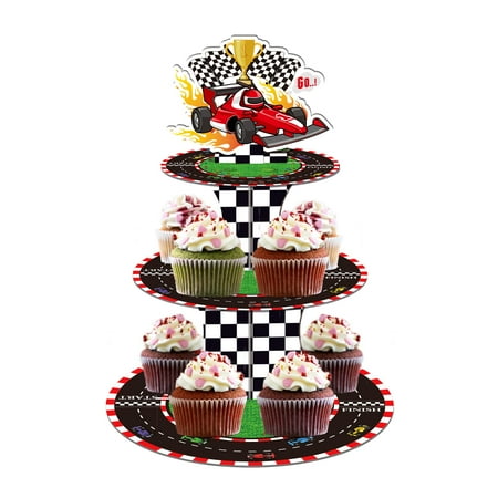 

Lide Road 3-Tier Racing Car Party Decorations Cupcake Stand Racing Cars Cupcake Stand Round Dessert Cake Stand Cupcake Tower for Racing Cars Birthday Party Supplies Black and White Checkered Party