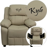 Flash Furniture Personalized Deluxe Padded Beige Vinyl Kids Recliner with Storage Arms