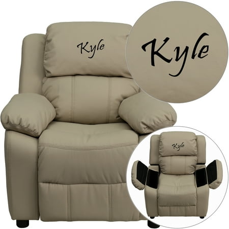 Flash Furniture Personalized Deluxe Padded Beige Vinyl Kids Recliner with Storage Arms