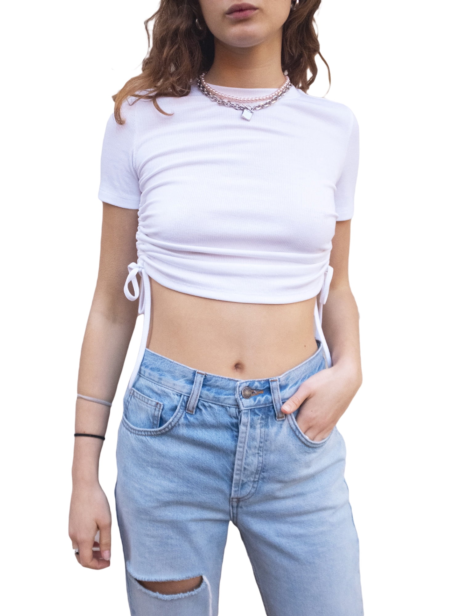 Nituyy Women Ribbed Short T-Shirt Crop Top Ruched Side Drawstring Basic Tee - Walmart.com