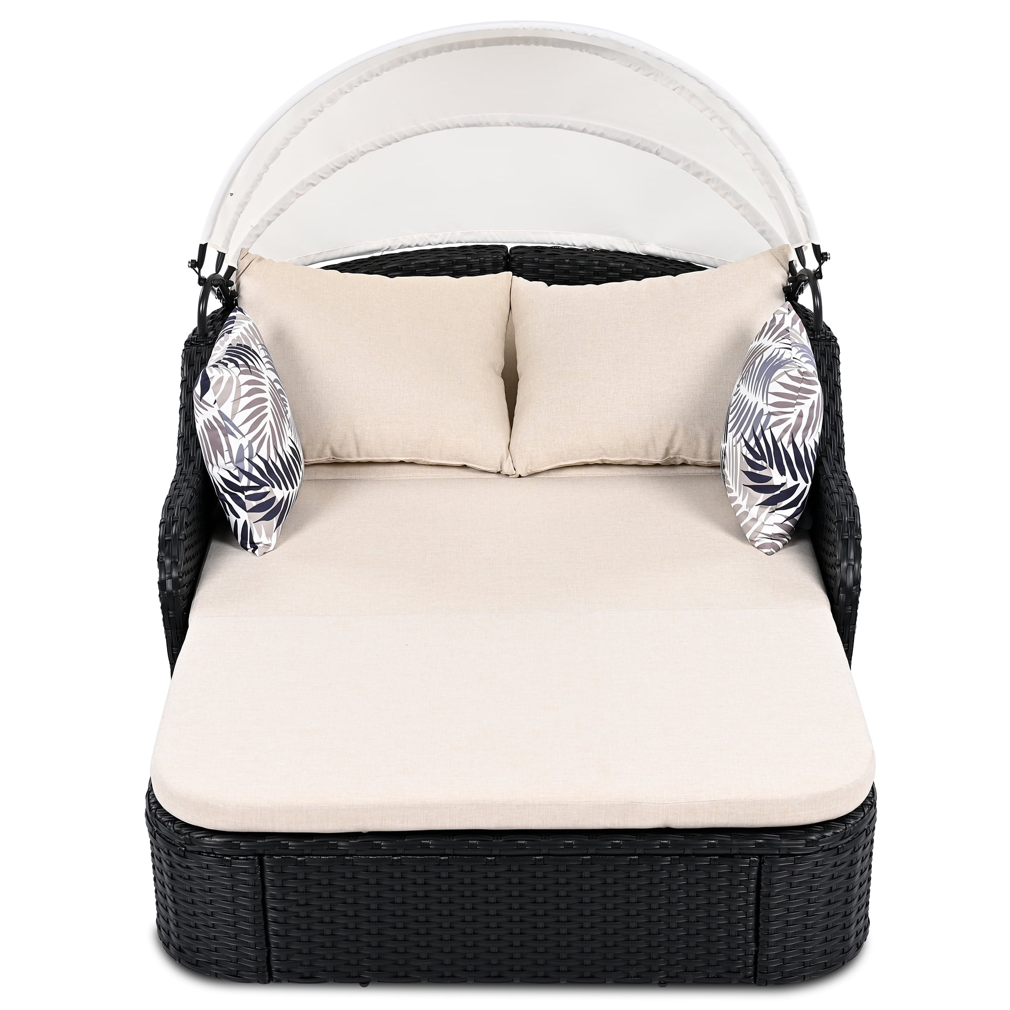 80" Outdoor Sunbed with Adjustable Canopy,Sectional Rattan Round Bed with Double lounge,Beige+Black