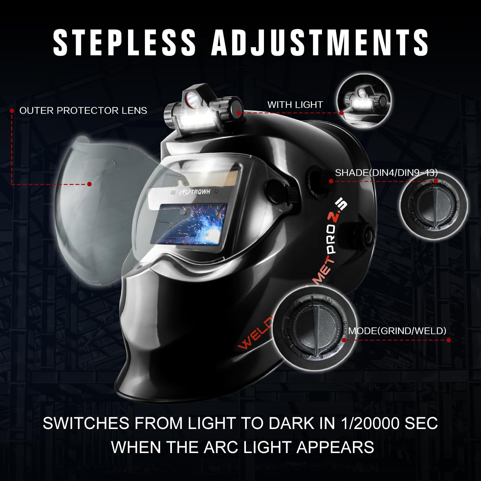 Auto Darkening Welding Helmet with Light Solar Powered True Color Welding Hood 2 Arc Sensor Wide Shade 9-13 Welding Mask with Extra Grinding Mode Weld Helmet