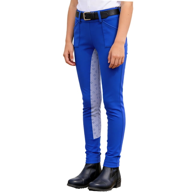 dPois Kids Girls Horseback Riding Tights High Waist Arena Training Breeches with Pockets for Riding Blue 12