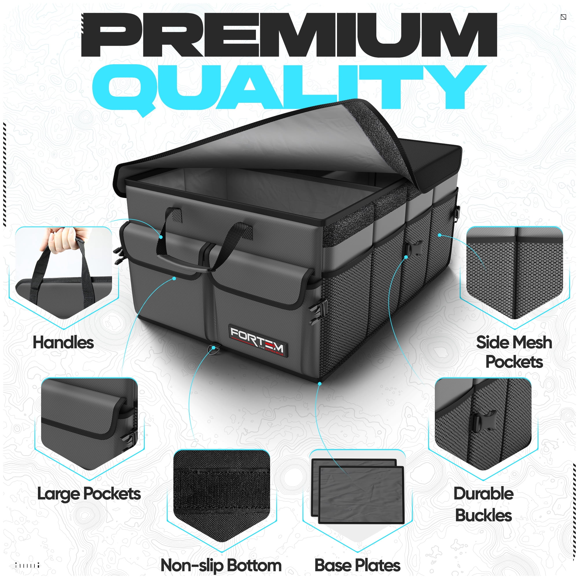 FORTEM Car Trunk Organizer, Collapsible Multi Compartment SUV Organizer, Foldable Storage for Car Accessories for Women Men, 600D Oxford, Non Slip Bottom, Securing Straps, Soft Cover (65L)