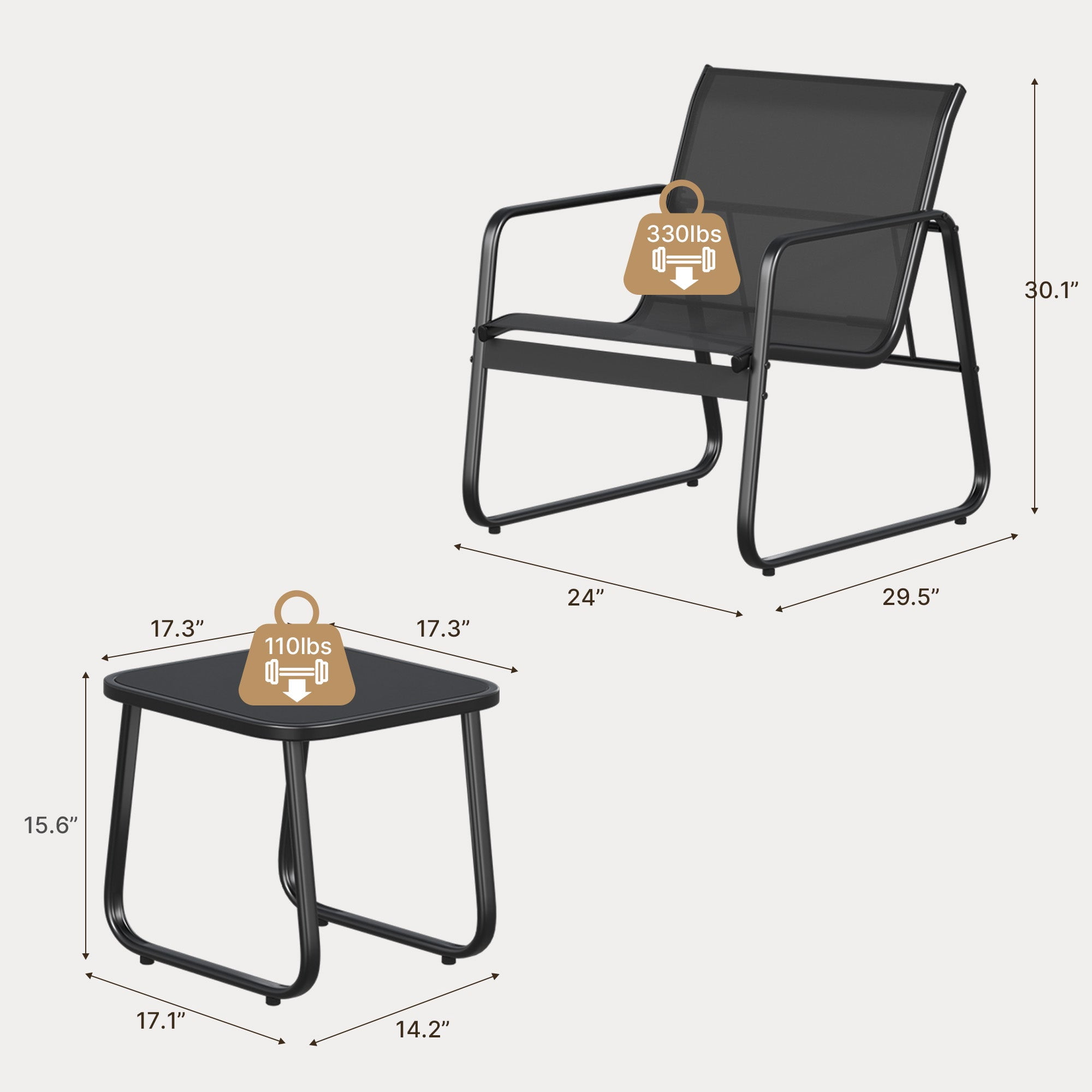 Patio Furniture Set, Aiho Outdoor Bistro Set with Glass Top Table, Textilene Patio Chairs Set for Poolside, Lawn, Black