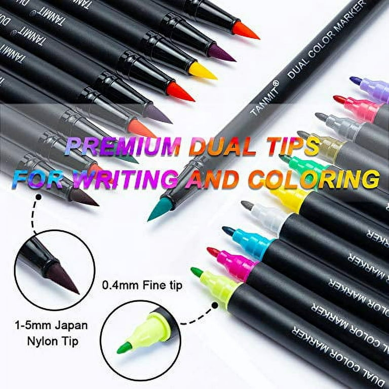 Dual Brush Marker Pens for Coloring Books, Tanmit Fine Tip Coloring Marker  & Brush Pen Set for Journaling Note Taking Writing Planning Art Project