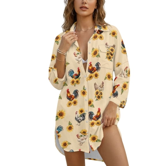Renewold Swimsuit Coverup for Women Long Sleeve Button Up Shirt Button Down Shirts for Women Shirt Lightweight Resort Wear with Pocket Fashion Beach Tops, Pastoral Rooster Sunflower Print, S