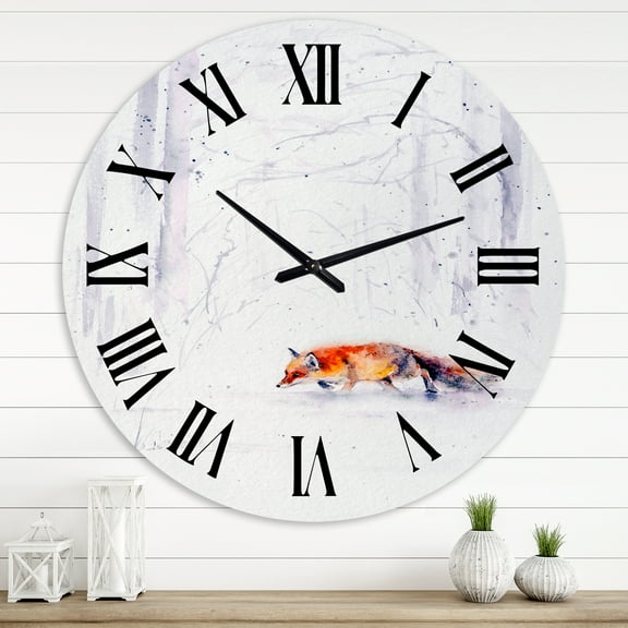Designart 'Red Fox Running In White Snow Ii' Farmhouse Wall Clock