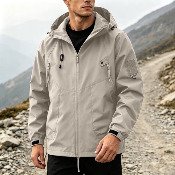 sdhkgrrt Plus Size Men's Long Sleeve Hooded Raincoat Fall Winter Zip Up Outdoor Casual Jacket Trendy Solid Basic Overcoat, Khaki M
