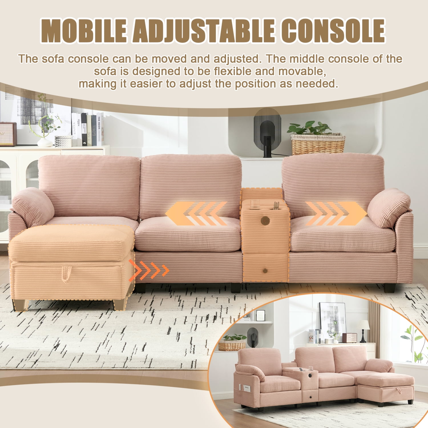 Leumius L-Shaped Sectional Sofa for Living Room,105" Modular 4-Seater Upholstered Sofa Couch with Cup Holder/USB Interface/Storage Box,Pink