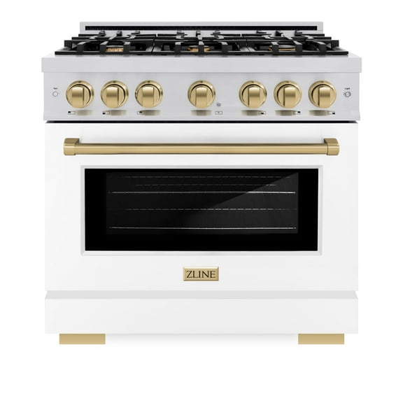 ZLINE Autograph Edition 36 in. 5.2 cu. ft. Gas Range with 6 Burner Cooktop and Convection Gas Oven in Stainless Steel with White Matte Door and Champagne Bronze Accents (HGRZ-WM-36-CB)