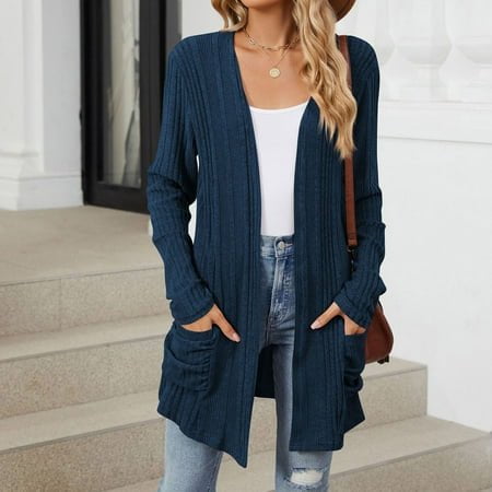 MKLEKYY Oversized Knit Sweater Women 2024 Autumn Mid Long Cardigan Casual Long Sleeve Neck Knitted Sweater Cardigans with Pocket