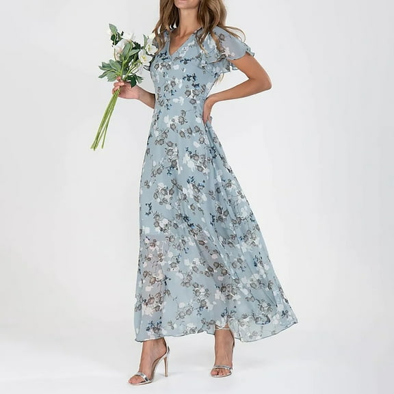 LOVZFMLL Robe Courte Imprimée Aguichant et Décontractée pour Femme, Manches Courtes, Col en V, Longueur Genou, Bleu Clair, Taille M,