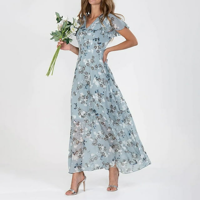 LOVZFMLL Robe Courte Imprimée Aguichant et Décontractée pour Femme, Manches Courtes, Col en V, Longueur Genou, Bleu Clair, Taille 2TG,