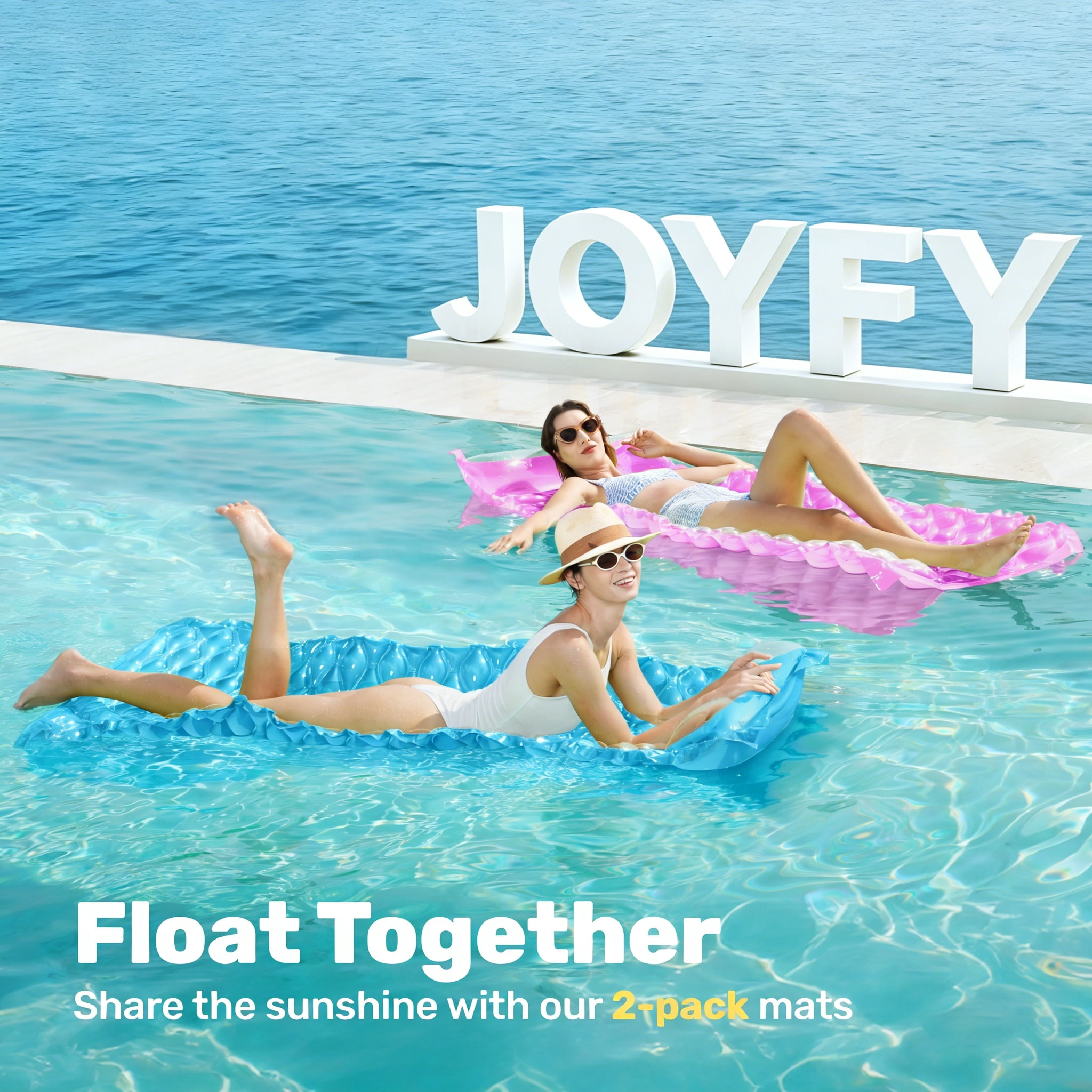 Joyfy 2 Packs Inflatable Pool Floats Raft, Pool Lounge for Adults, 64x32 inch Swimming Mat Pool Mattress with Headrest, Float Air Mat Pool Raft for Summer Water Beach Fun