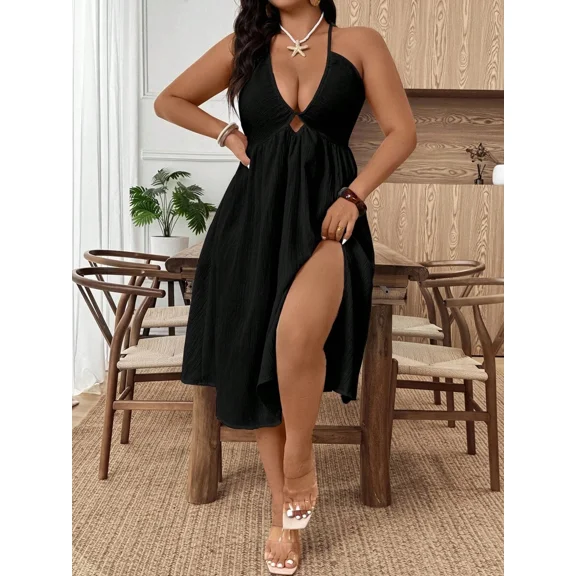 Plus Size Women Summer Solid Color Side Slit Hem Sexy Spaghetti Strap Dress