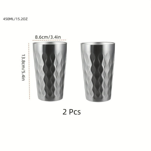 Two 450ml stainless steel double-wall insulated beer cups-reusable, with stripe design decorated with lemon and mint, very suitable for family and outdoor dining, bars, restaurants and parties, outdo