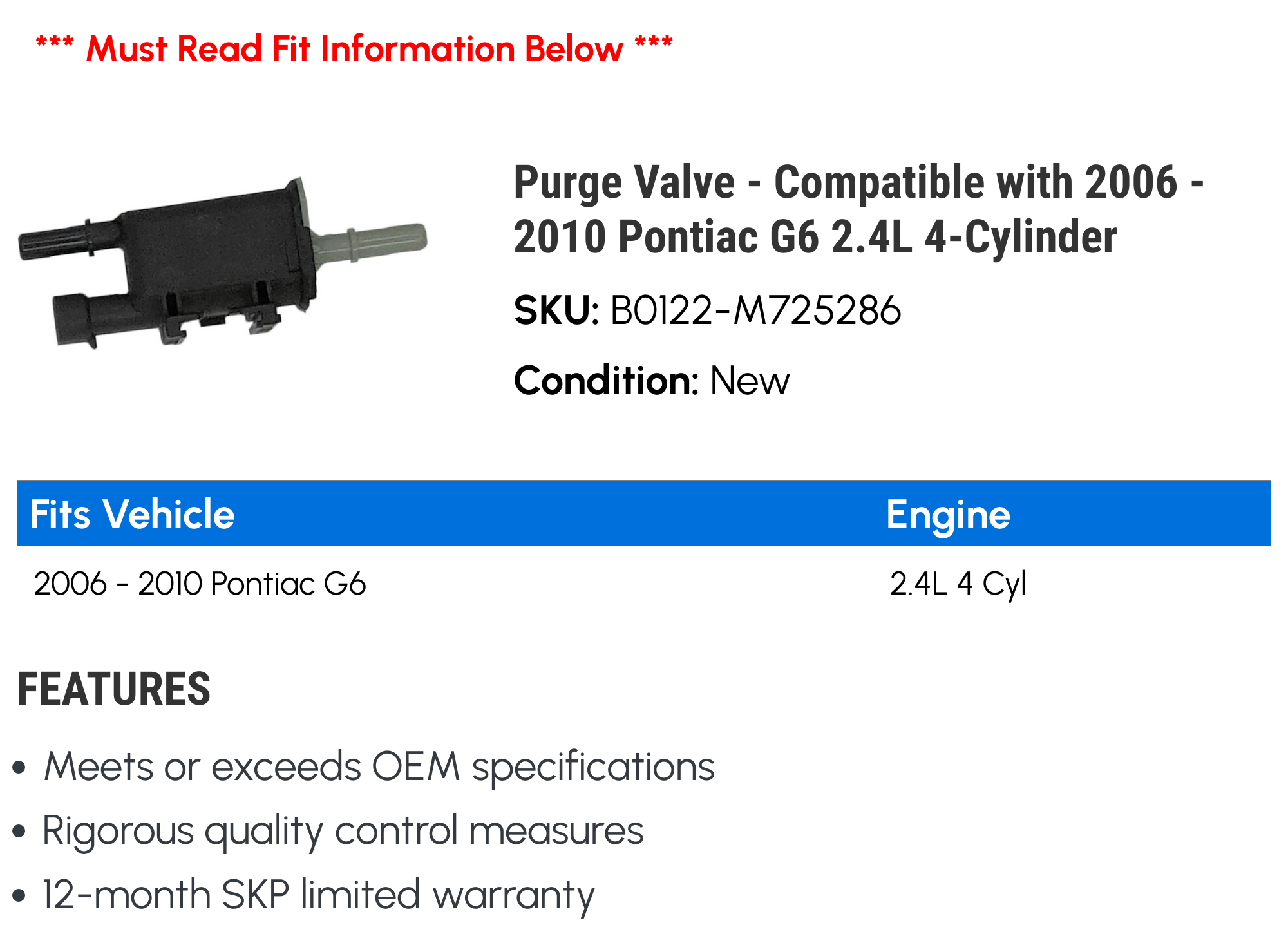 Purge Valve - Compatible with 2006 - 2010 Pontiac G6 2.4L 4-Cylinder 2007 2008 2009