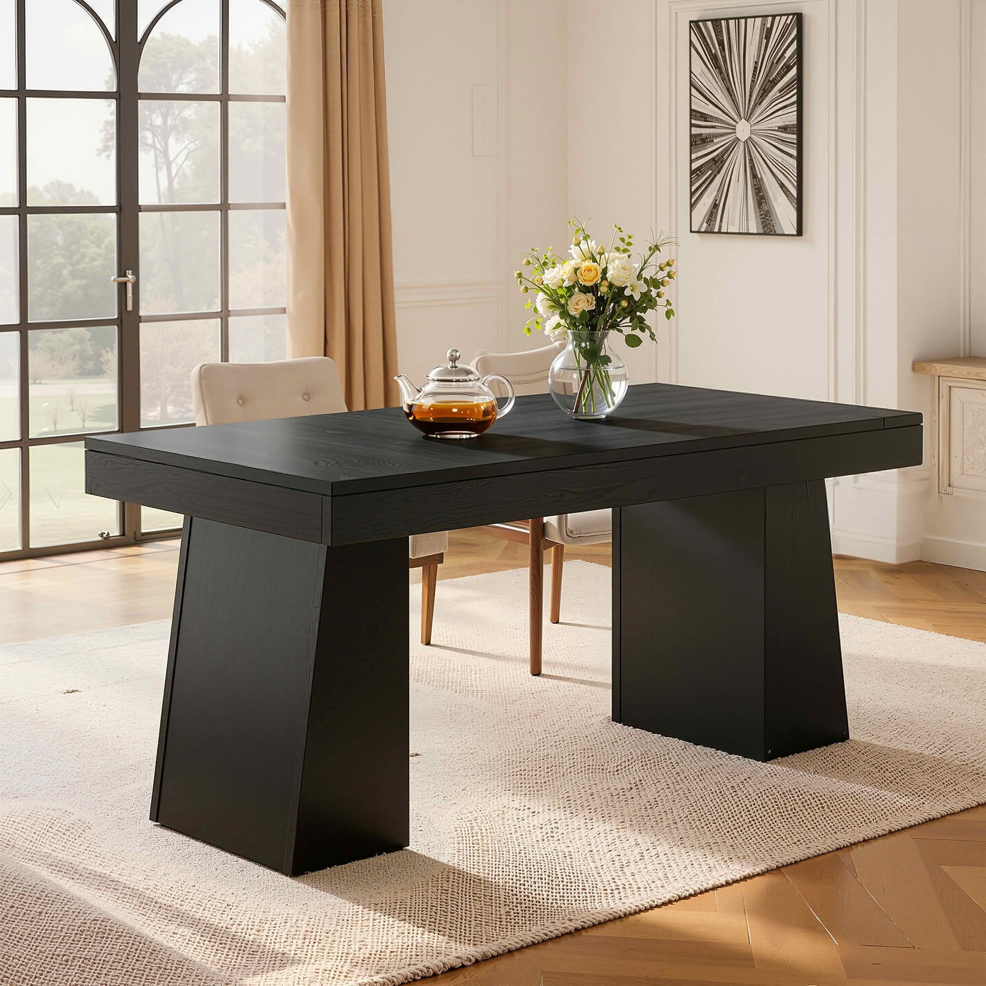 MAYEERTY 55 Inch Farmhouse Double Pedestal Dining Table, Black MDF Trapezoid Leg Table Seats 4-6 for Small Spaces