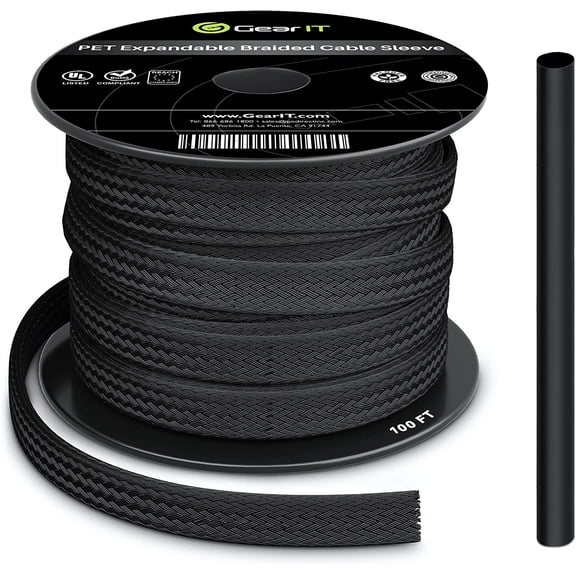 GEARit 100ft Black 1/4 Inch PET Expandable Cable Management Sleeve Wire Loom Cord Cover for USB, Power, Audio Video Cables