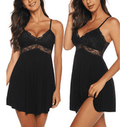 RSLOVE Women Sexy Lingerie Sleepwear Lace Chemises V-Neck Full Slip Babydoll Nightgown Dress Black Medium