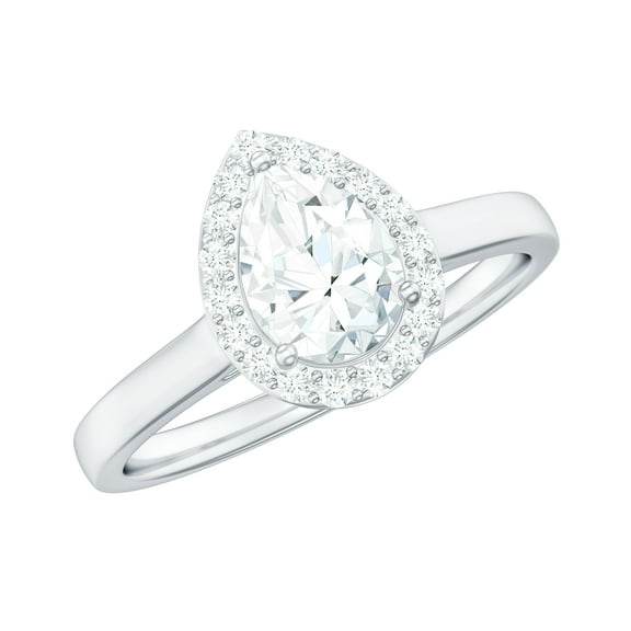 Rosec Jewels Moissanite Pear Shaped Engagement Ring with Halo - 5X7 mm - Teardrop Ring - D-VS1 Quality Certified, 925 Sterling Silver, US 4.00