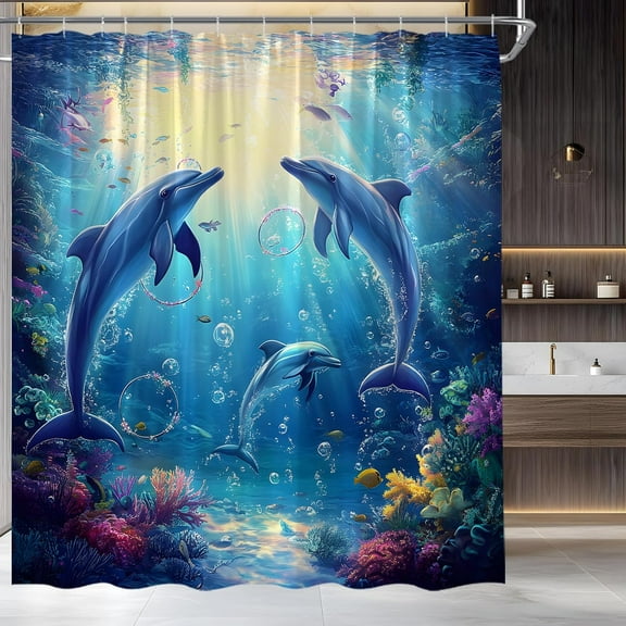 Dolphin Shower Curtain Blue Sea Animals Ocean Underwater Coral Tropical Fish Nautical Fabric Bathroom Decor Set-72"W x 74"L (Pack of 1)