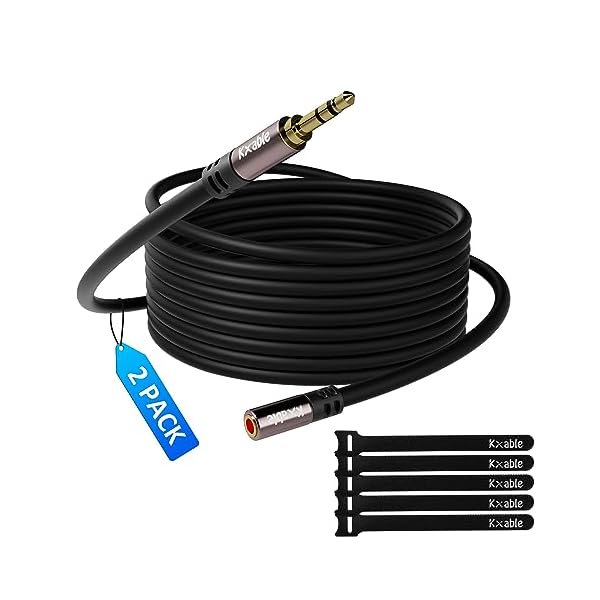 wonima02 3.5mm Extension Cable 8 Feet (2 Pack), Male to Female Auxiliary Audio Stereo Cable, Headphone Extension Cord, Hi-Fi Sound, Gold Plated Connectors, OFC Core, Black, (with 5 pcs Cable Ties)