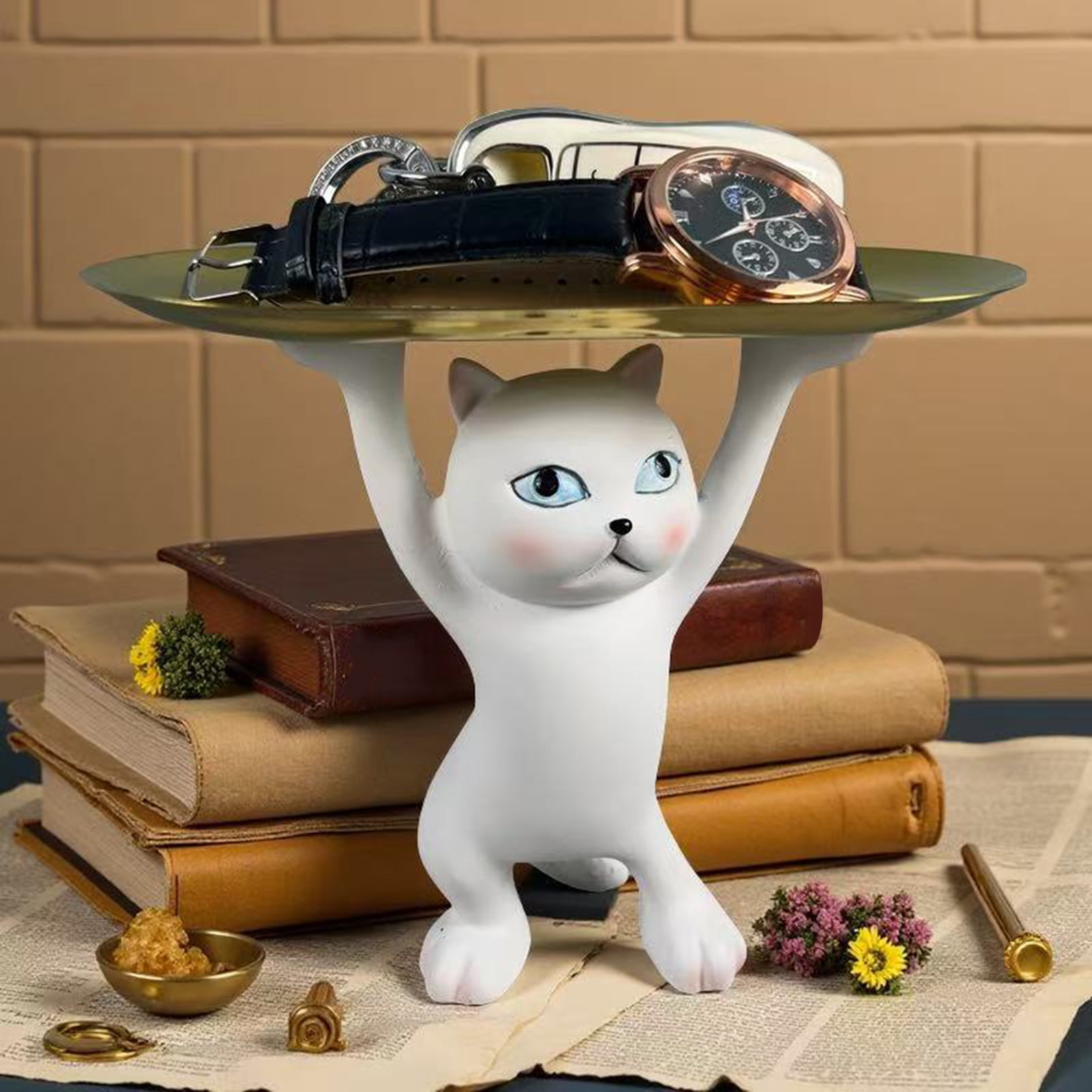 OIUR Cartoon Cat Key Storage Tray Resin Standing Cat Figurine Statue with Tray Multi-purpose Jewelry Trinket Holder Organizer Decoration