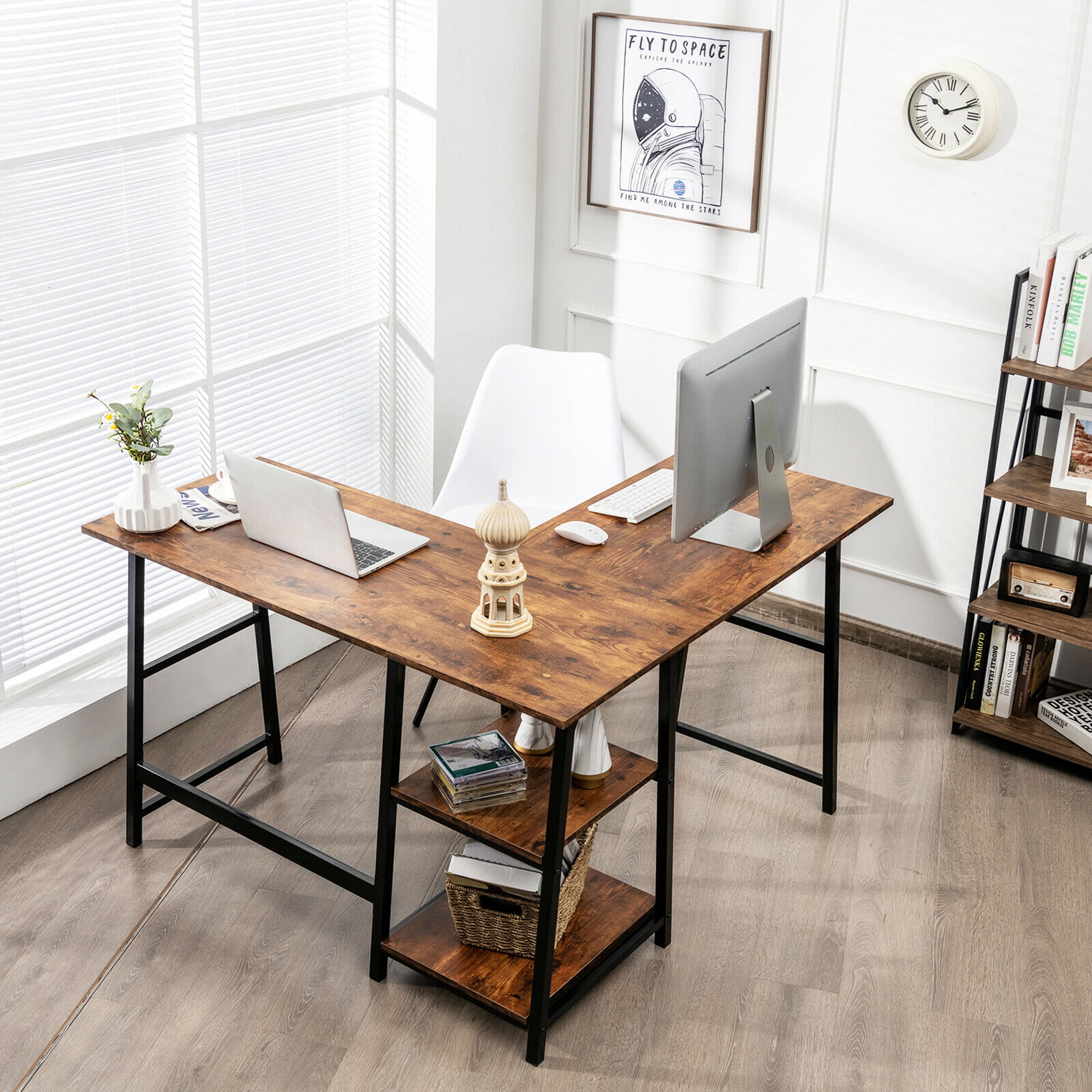 Gymax L Shaped Study Table Corner Computer Desk w/Storage Shelves Brown