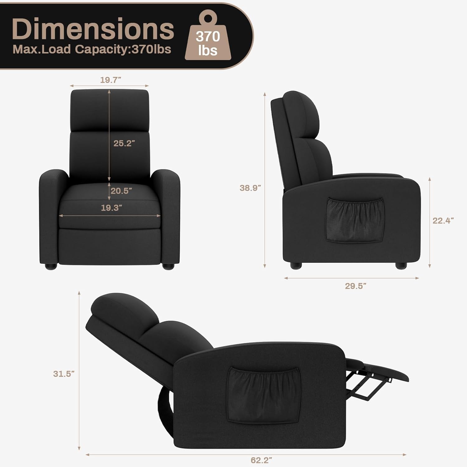 LAZY BUDDY 3 in 1 Adjustable Recliner Chair, Fabric Recliner Sofa for Adults with Side Pocket, Home Theater Seating with Lumbar Support & Backrest for Living Room