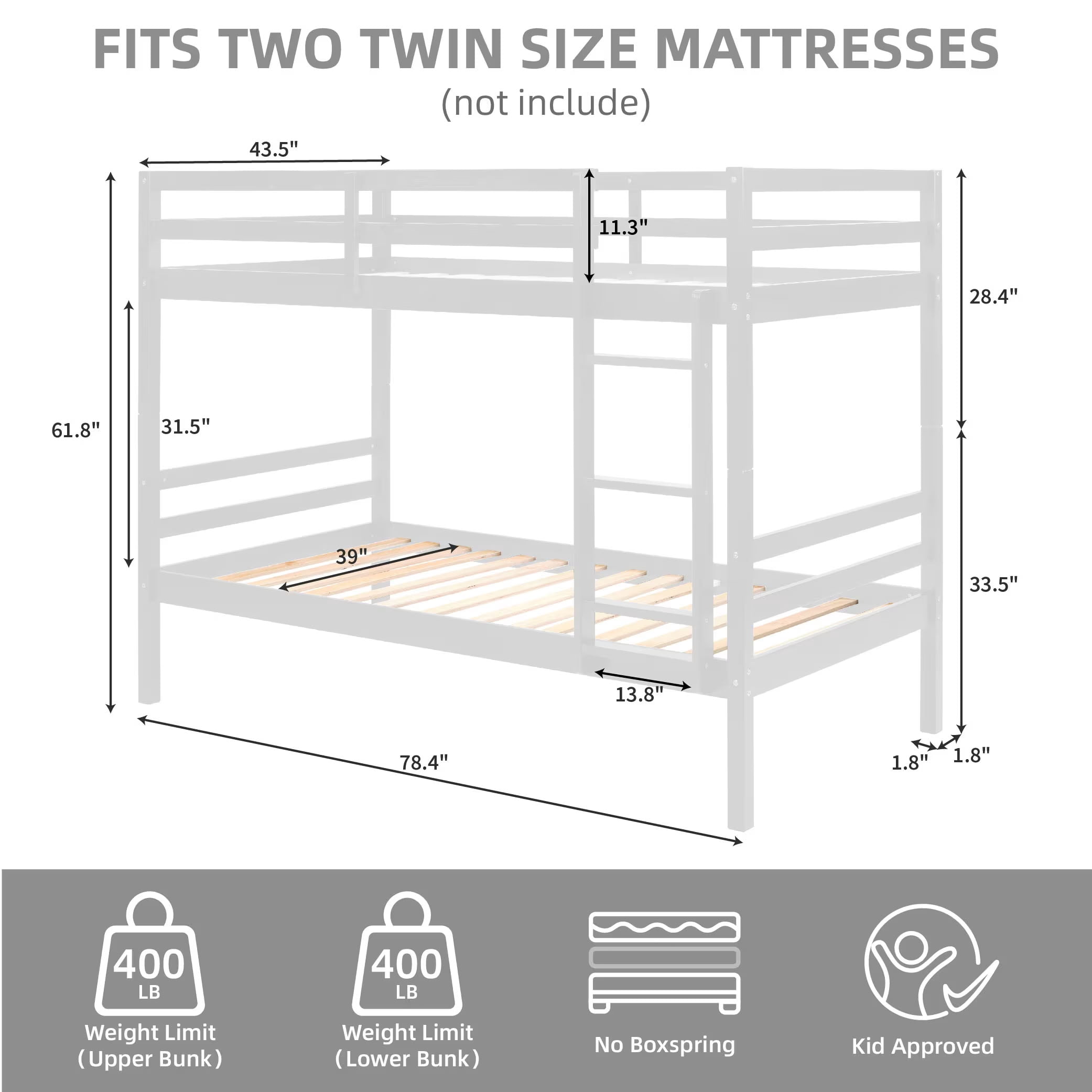 MAYEERTY Twin over Twin Wooden Bunk Bed with Ladder and High Guardrail, Space-Saving Bed Frame for Kids Teens Dorm Rooms, No Box Spring Needed