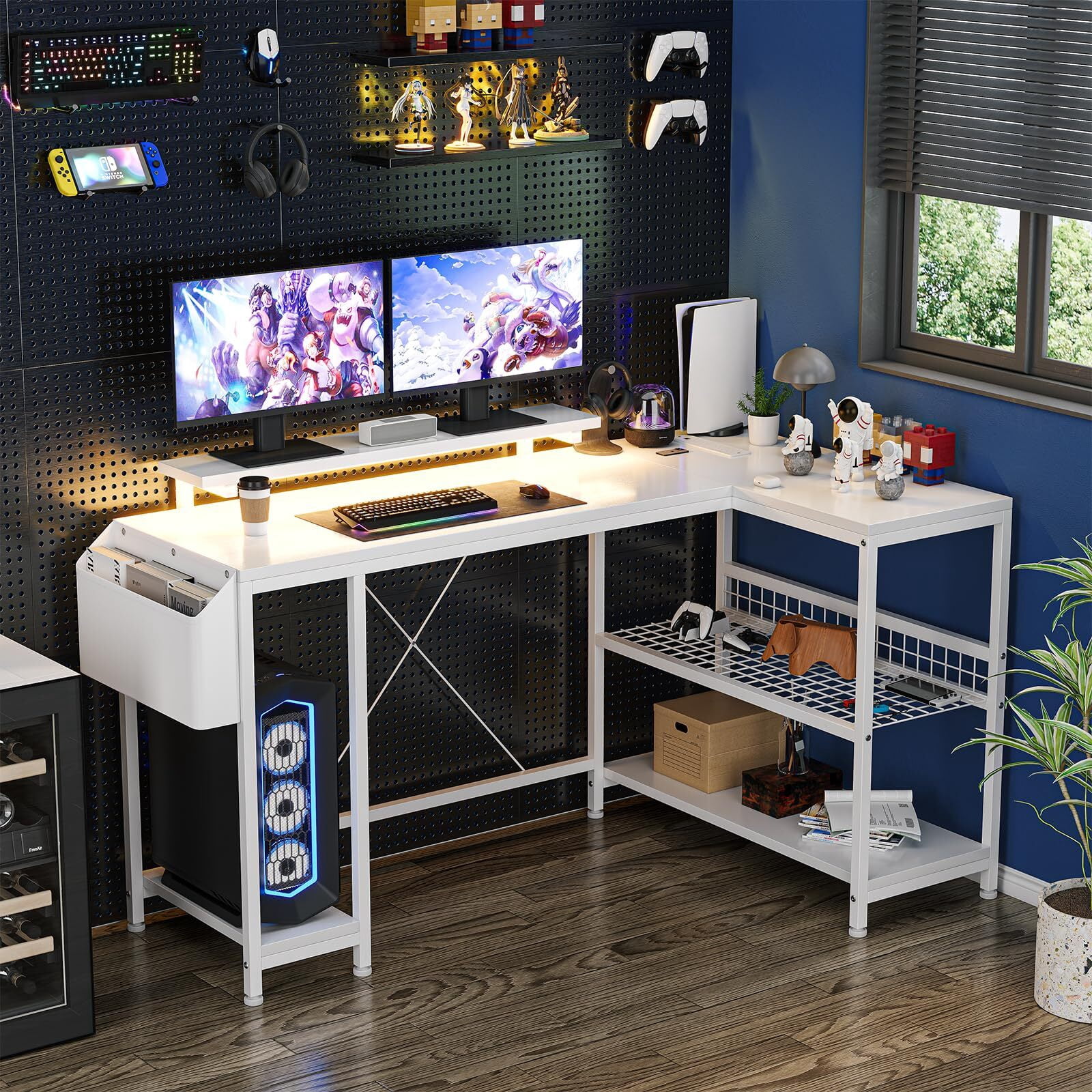 Jojoka 49.6" Reversible L Shaped Computer Gaming Desk with LED Light & Power Outlets, Corner PC Desk with Storage Shelves & Monitor Stand, Home Office Desk, Writing Desk, Workstation, White