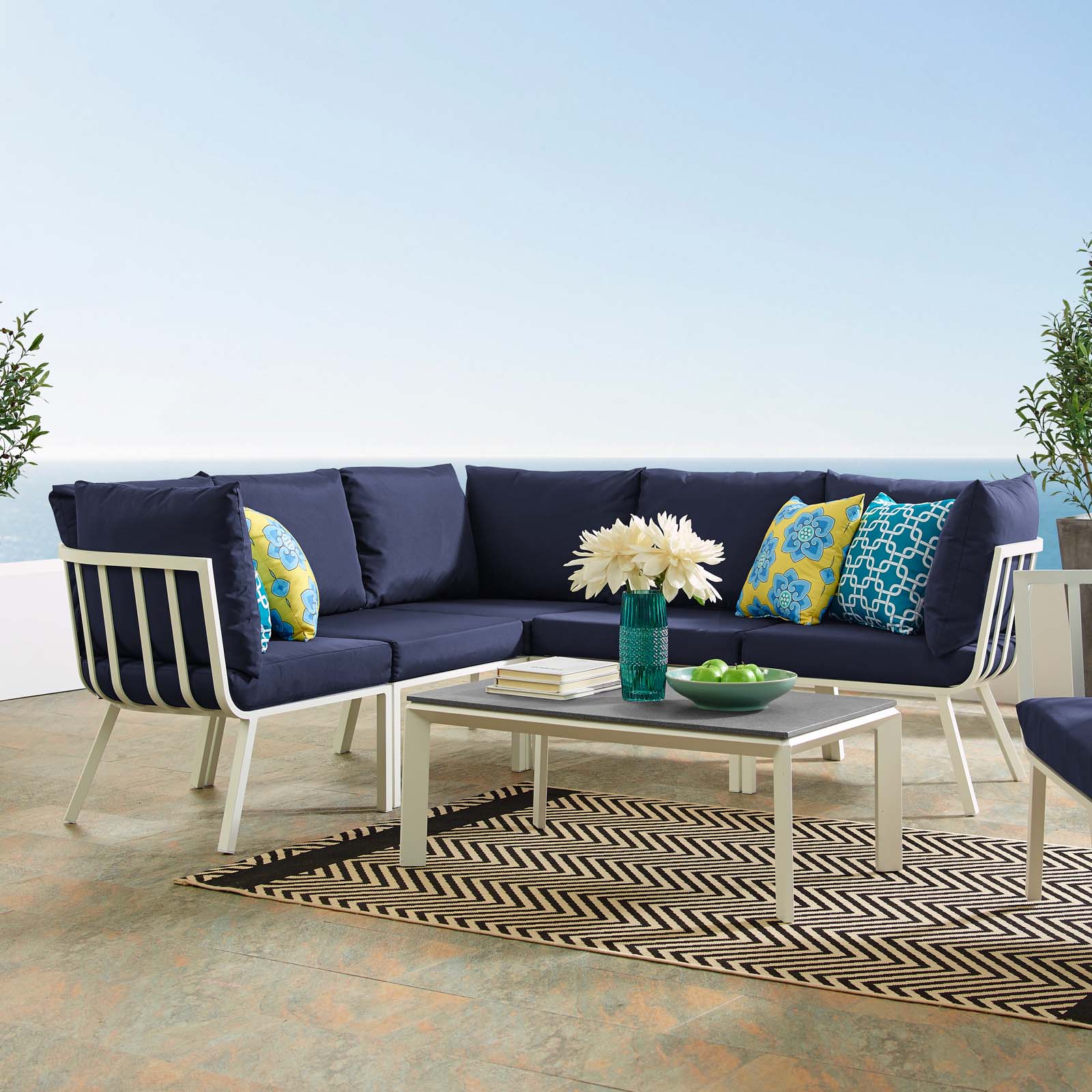 Lounge Sectional Sofa Chair Set, Aluminum, Metal, Steel, White Blue Navy, Modern Contemporary Urban Design, Outdoor Patio Balcony Cafe Bistro Garden Furniture Hotel Hospitality - image 2 of 10
