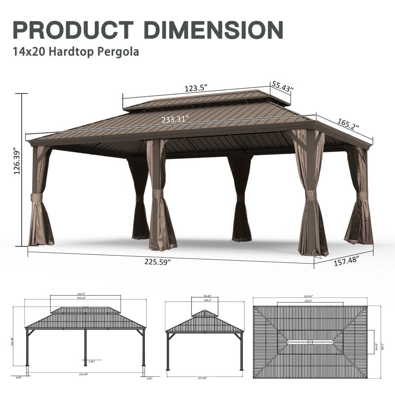 TOTAL Ourdoor 20ft×14ft Hardtop Gazebo,Aluminum Frame Canopy Galvanized Steel with Double Roof,Curtain & Netting for Patio Deck Backyard, Brown
