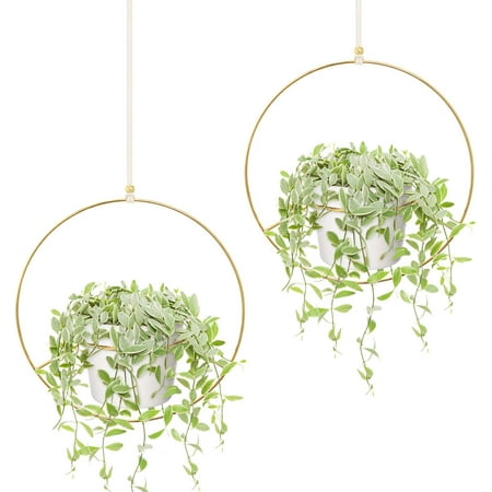 Boho Hanging Planter Set Of 2 Round Metal Plant Hanger With Plastic Pot Modern Wall Boho Hanging Planter Set Of 2 Round, Ceiling Plant Pot Holders