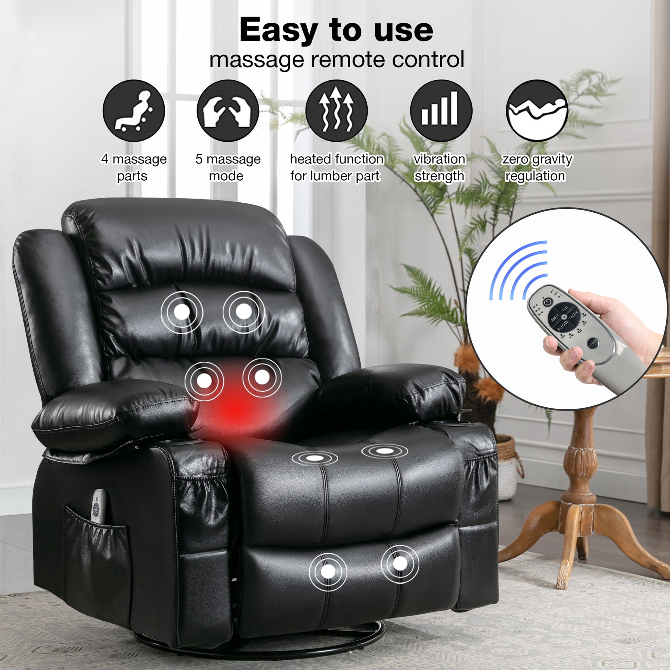 UHOMEPRO Massage Swivel Rocker Recliner Chair, PU Leather Rocking Sofa Home Recliner with Side Pockets Cup Holder and USB Charge Port, 360-degree Rotation, 30-degree Rocking, Black