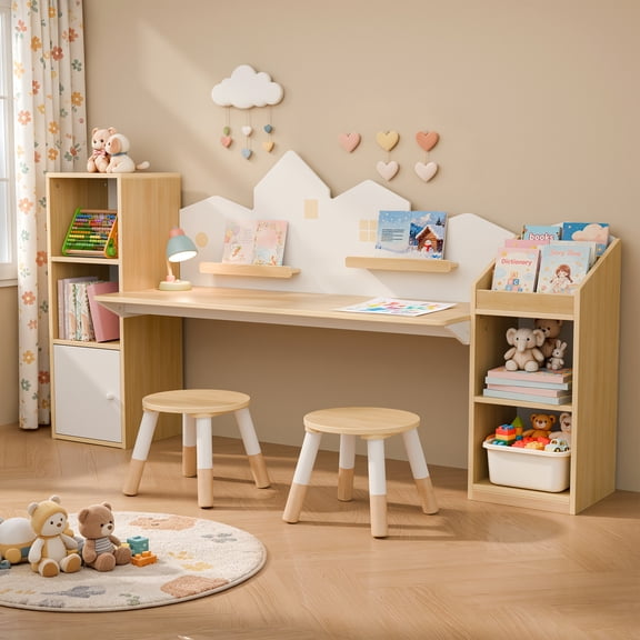 Guqiart Kids Desk and Chair Set with 5 Storage Cabinets, 71" Wooden Study Drawing Table with Bookshelves