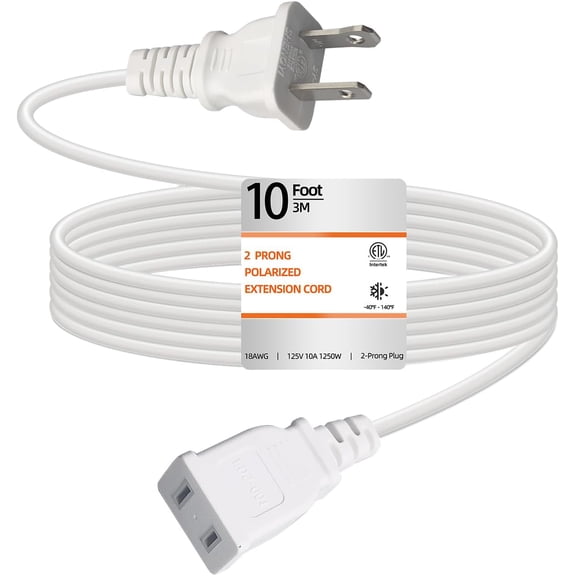 NeoMart-10 Feet Extension Cord White Flat Thin Flexible 2 Prong Long Polarity Power Cord 1250W 10A for Indoor Use with Single Outlet for Holiday Lights,Lamps,Cameras,Appliance ETL Listed (1 Pack)