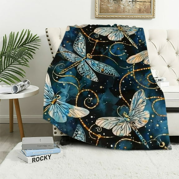 Shiartex Throw Blankets for Sofa Couch Fluffy Cozy Flannel Travel Outdoor Blanket, Summer Desk Blanket for Work Chair, Lap Blanket & Pet Blanket, Home Decor- Blue Dragonfly 40x50in