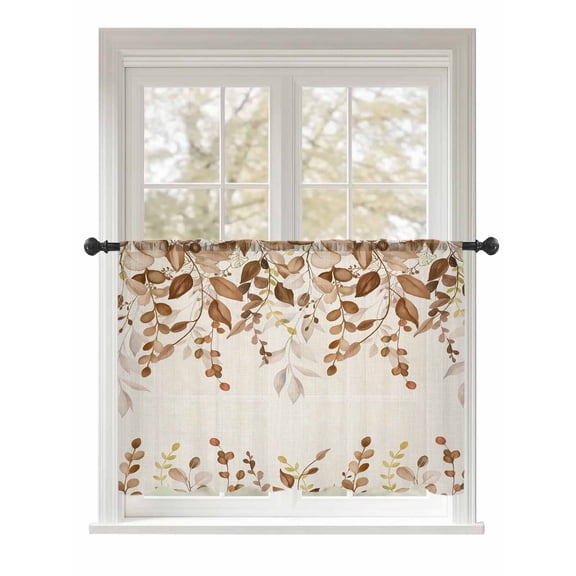 Sheer Curtains 54 Inch Length, Brown Orange Eucalyptus Semi Sheer Curtains Light Filtering Window Treatment, Farmhouse Weeping Leaves Linen Privacy Voile Drapes for Living Room Bedroom 52x54 Inch