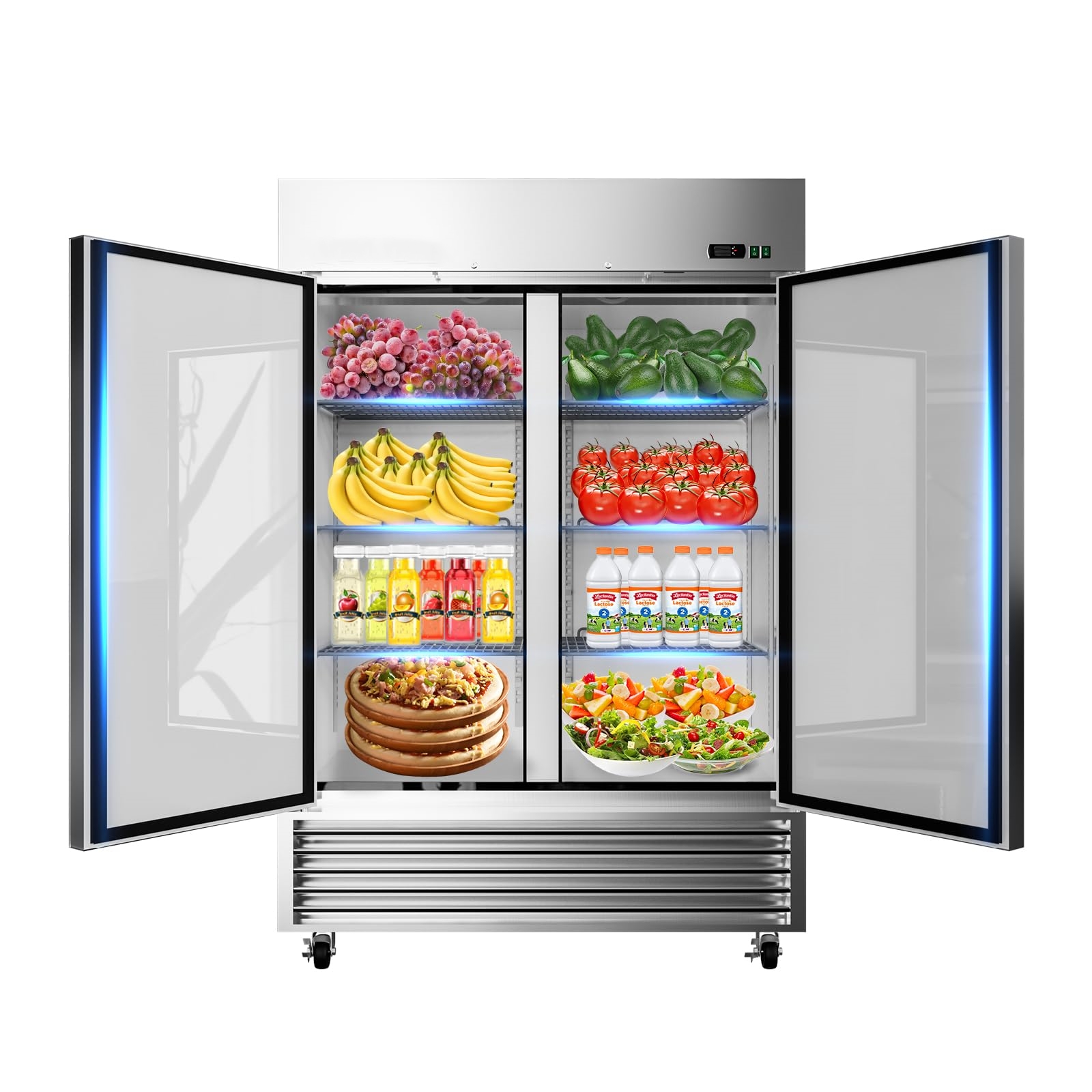 54"W Commercial Refrigerator, 2 Section Reachin Solid Door, 49 Cu.ft Stainless Steel Upright