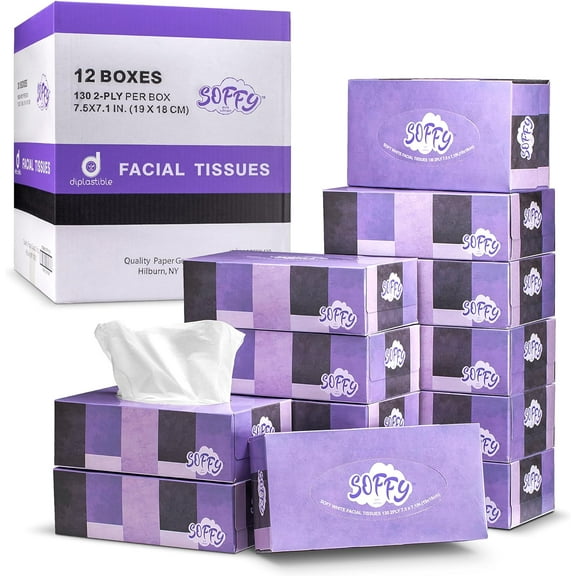 Facial Tissue Paper 130 Tissues Per Box, 12 Boxes Car and Travel Tissue Packs