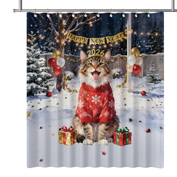 Happy New Year 2026 Maine Coon Holiday Balloons Party Snow Shower Curtain Cat Lover Kitten Owner Gifts Waterproof Bathroom Bathtub Curtain - 13018