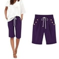 thumbnail image 2 of Plus Size Summer Pants - Thin Elastic Waist Casual Wide Leg Cropped Trousers, Purple Ladies Casual Pocket Thin Outer Wear Elastic Belt in Trousers Large Size Loose Pants, 2 of 5