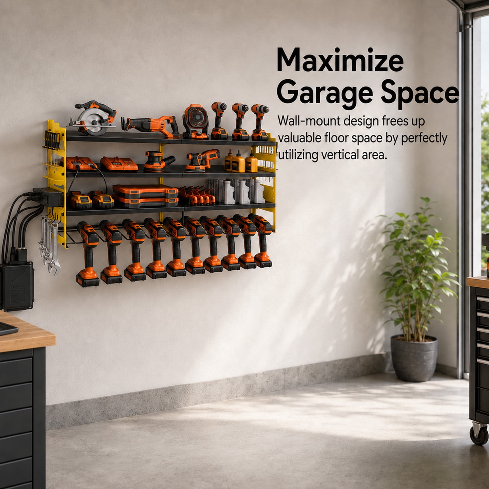 Alvantor 4-Tier Electric Tool Storage Rack with Charging Station, Power Tool Organizer with Screwdriver/Hammer/Air Tool Rack