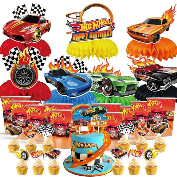 Hot Wheel Party Supplies Decor Cups Fans Decorations Honeycomb Centerpieces Cake Toppers
