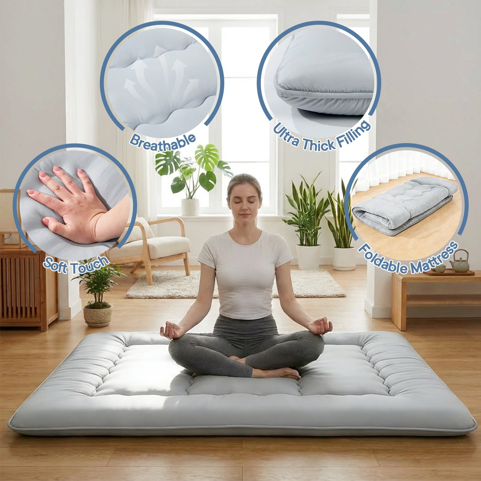Sweetcrispy Full Japanese Floor Mattress with Washable Cover, Folding Memory Foam Sleeping Mat for Dorm, Camping & Guest Room, Gray
