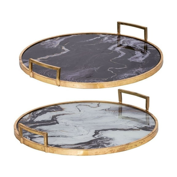 CC Home Furnishings Marbled Round Trays with Handle - 22.5" - Set of 2