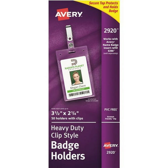 Avery reg; Heavy-Duty Secure Top Clip-Style Badge Holders - Support 2.25" x 3.50" Media - Portrait - 2.3" x 3.3" - Plastic - 50 / Box - Clear | Bundle of 2 Boxes